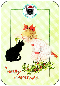 vintage black cat with girl christmas card