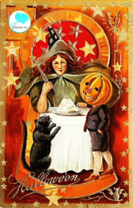 vintage halloween cat witch card