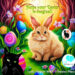 Magical Easter card with bunny and cat in fantasy forest