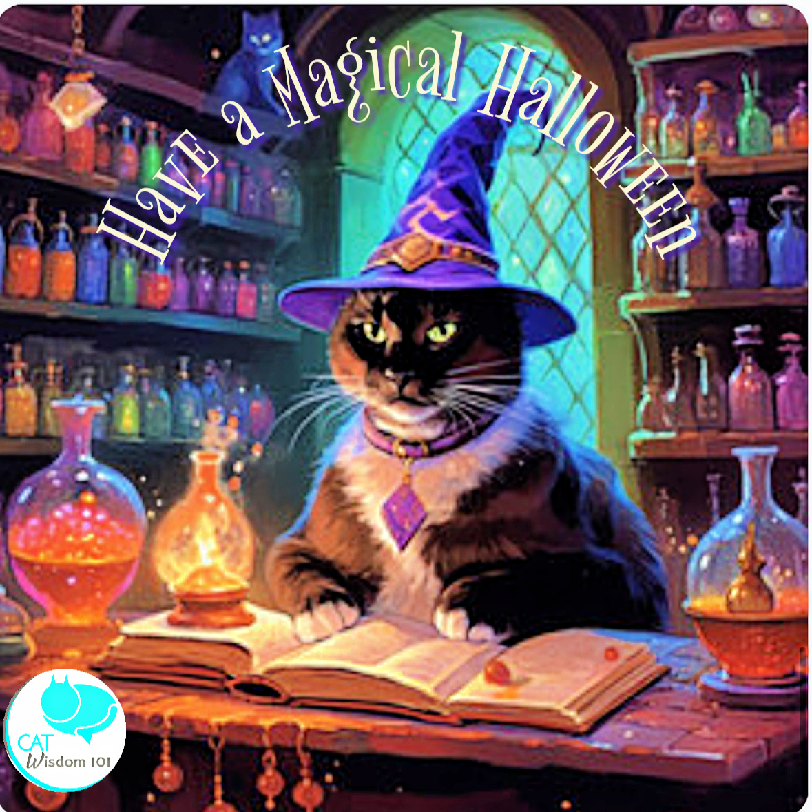 magical Halloween wizard cat art