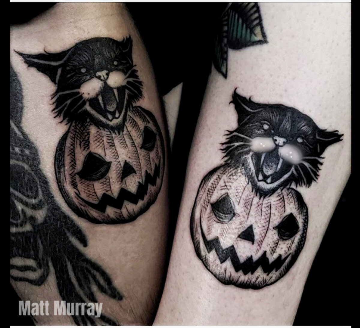 Black cat tattoo with pumpkins Halloween